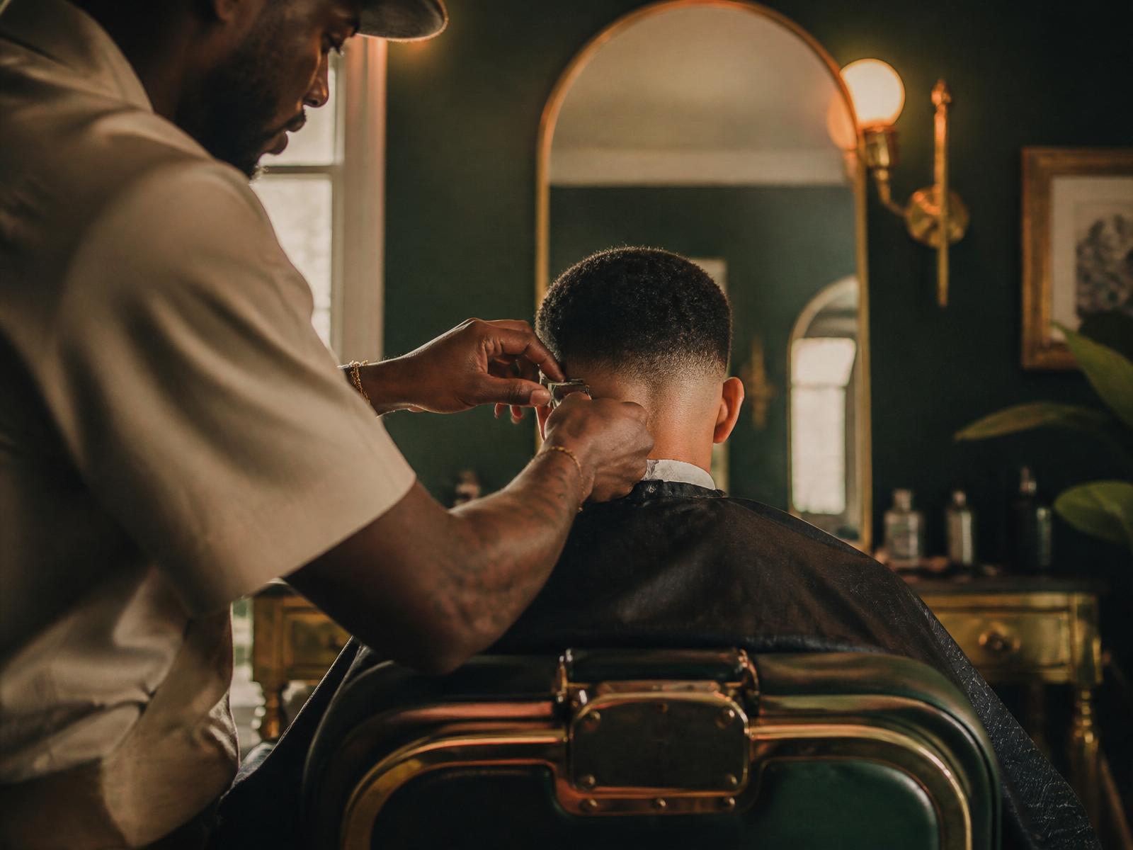Barber finishing a fresh fade in a warm-lit shop